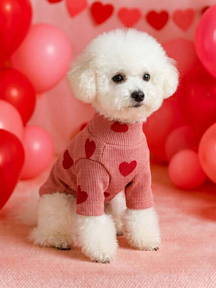PETSIN 1 Pieza de ropa para mascotas con patrón en forma de corazón para el Día de San Valentín para gatos/perros, cómoda camiseta rosa para todas las estaciones - Rosa - Añade 1