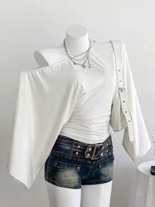 Elamini Áo nữ màu đen cổ lệch, tay cánh dơi, xếp ly eo, thiết kế tối giản cổ điển thanh lịch, đa năng cho công sở, hẹn hò và mặc thường ngày. - trắng - Xem 3