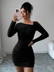 Selianne Women's Solid Color Oblique Shoulder Long Sleeve Fitted Ribbed Dress - Black - View 8