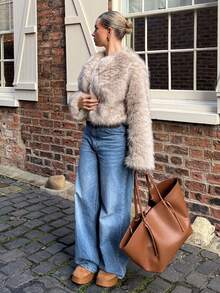 Bethéva Women's Solid Color Long Sleeve Casual Fluffy Jacket In Fall/Winter - Khaki - View 2