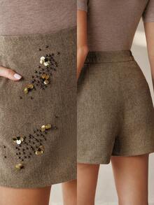 Anewsta Women's New Sequin Embellished Elegant Shorts, Spring/Summer - Brown - View 1