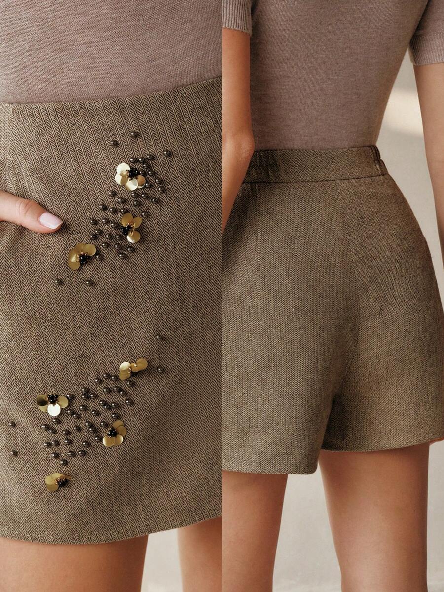 Anewsta Women's New Sequin Embellished Elegant Shorts, Spring/Summer - Brown - View 1