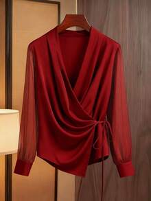 SHEIN Elenzya 大码女士优雅V领雪纺半透明长袖衬衫 - 紅色 - 查看 1