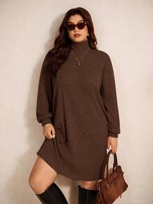 Elaquor Abito casual da donna taglia comoda, monocolore, collo alto, spalle scoperte, maniche lunghe - Castano - Visualizzare 4