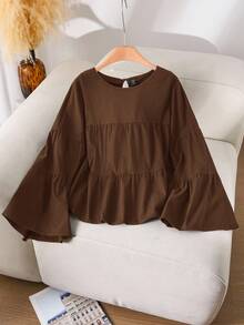 CosyJoli Blusa holgada de cuello de muñeca, corte evasé en A, de talla grande, para primavera - Café integral - Ver 3