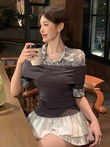 DAZY 女士格子拼接短袖二合一T恤 春夏 - 灰色 - 查看 5