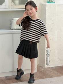 DAZY Young Girls Round Neck Striped Casual Short Sleeve T-Shirt Summer - Black and White - View 6
