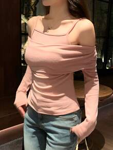 DAZY 女款休閒純色露肩長袖T恤外出上衣 - 粉色 - 查看 3