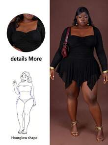 CurvyTilda Plus Size Women's Solid Color Pleated Square Neck Long Sleeve Asymmetrical Hem Dress, Y2k Vintage Asymmetrical Hem Dress, Halloween Costume, Witch Costume Black Dress, For Hourglass Body Shape - Black - View 8