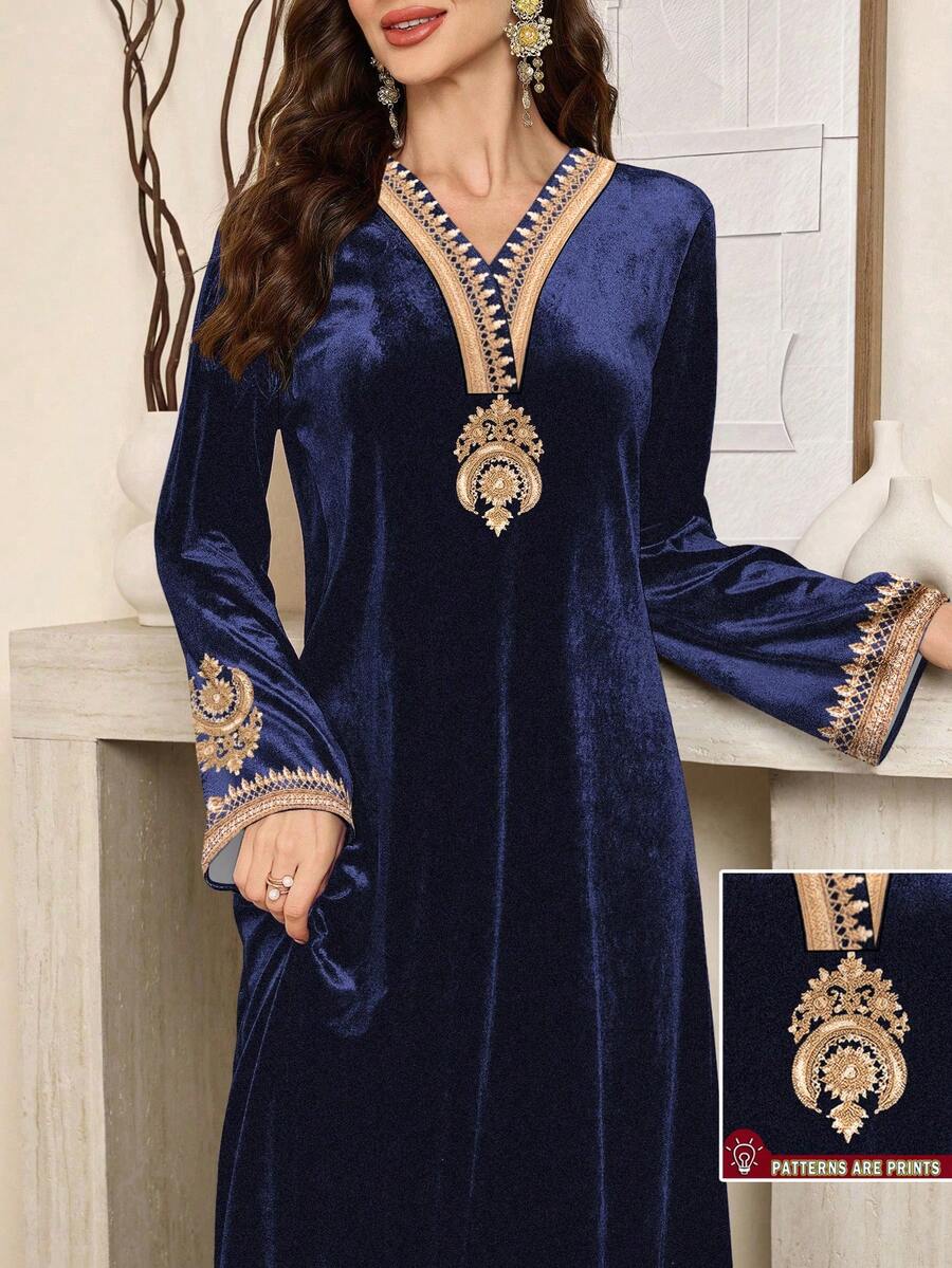 SHEIN Najma Women's Floral Retro Print Long Sleeve Elegant Velvet Arabic Dress, Spring/Autumn - Green - View 1