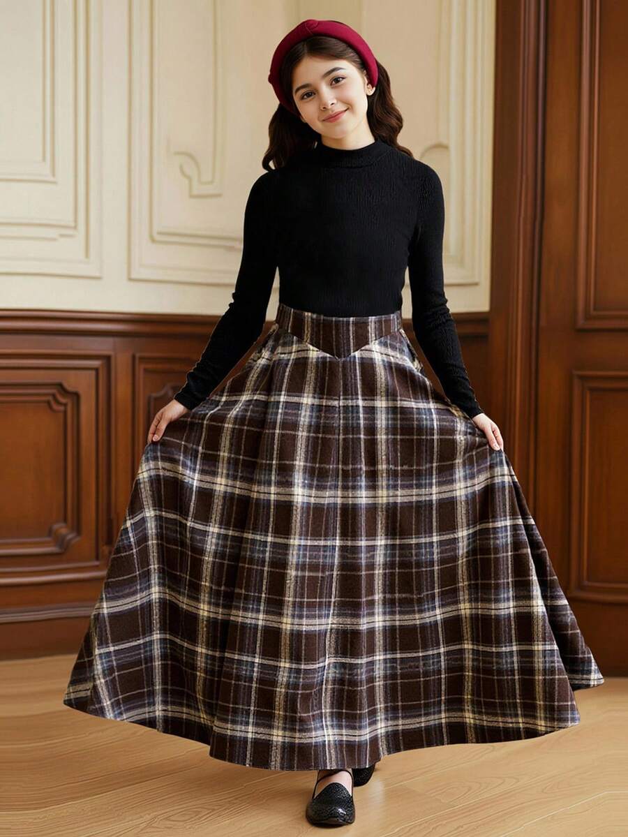 2pcs/Set Tween Girl Stand Collar Long Sleeve T-Shirt And Plaid Elastic Waist A-Line Skirt - Multicolor - View 1