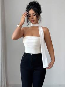 Elenzga Elegant Women's Bodysuit With Ribbed Mesh Patchwork, Ruched Bust, And Ribbon Neck Tie, Casual Vacation Wear For Early Spring/Summer, Stylish Apricot Top