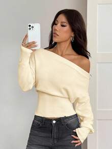 SHEIN PETITE 米色宽松花卉不对称肩部浪漫针织毛衣，秋冬款 - 米色 - 查看 7