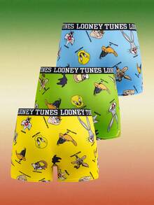 LOONEY TUNES X SHEIN 男士三件套舒适透气卡通图案字母腰带平角内裤 - 綠色 - 查看 2