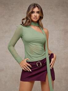 SHEIN BAE Women's Solid Color Oblique Shoulder Long Sleeve Fitted Fashionable Top - Mint Green - View 4