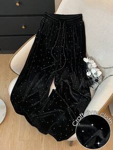 SHEIN Elenzya 女士时尚、优雅、魅力派对亮点高腰抽绳直筒休闲裤 - 黑色 - 查看 1