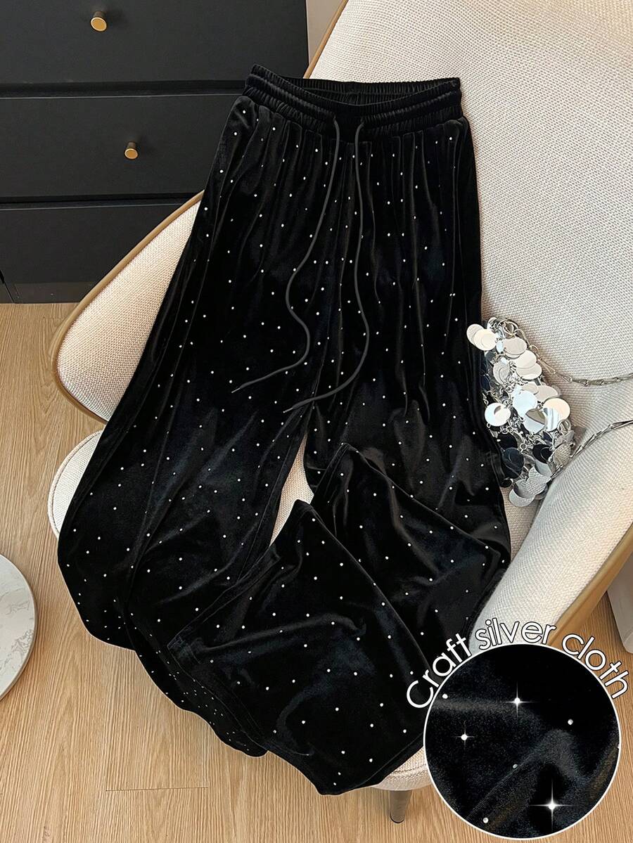 SHEIN Elenzya 女士时尚、优雅、魅力派对亮点高腰抽绳直筒休闲裤 - 黑色 - 查看 1