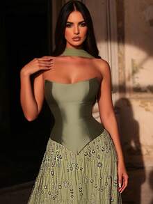 Glamrae 优雅奢华的绿色串珠亮片花卉拼接缎面可拆卸吊带雪纺长裙，适合婚礼、派对、度假、盛会、正式场合（装饰繁复） - 草綠色 - 查看 9