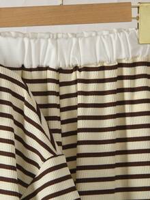 Mädchen Set aus strukturiertem Stoff gestreiftem Kontrast-Farbton Jacquard Poloshirt mit kurzen Ärmeln + Kontrast Taillenbund weite Hose, Lässig Outfit - Aprikosenfarben - Übersicht 6