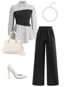 GlowEve CURVE Bộ đồ 2 mảnh cỡ lớn dành cho nữ: Áo quây và quần, phối màu tương phản, thiết kế tay áo xếp ly thanh lịch, phù hợp cho các dịp như đi học, tốt nghiệp, Ngày Valentine, lễ hội âm nhạc, Ngày của Mẹ, Halloween, Lễ Tạ ơn, Lễ Phục sinh, Ngày Quốc khánh, dạ hội, hẹn hò, tiệc tùng, đám cưới, hoạt động ngoài trời. - Đen và trắng - Xem 9