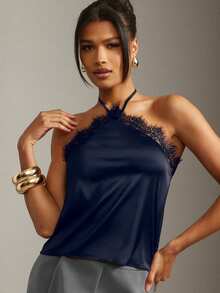 Hauture Sexy Summer Office Lace Datail Halter Cami Top - Navy Blue - View 2