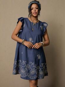 SHEIN VCAY 大码休闲度假腰果花刺绣连衣裙 - 藏蓝色 - 查看 5