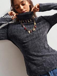 Bohemela 女士纯色针织长袖高领插肩休闲T恤高领上衣长袖上衣女式立领上衣 - 黑色 - 查看 8