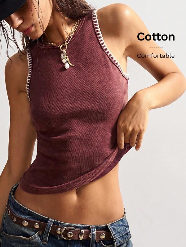 Bohemela Parte superior ajustada de punto de cuello redondo sin mangas de unicolor casual, otoño/invierno BOHO para mujer