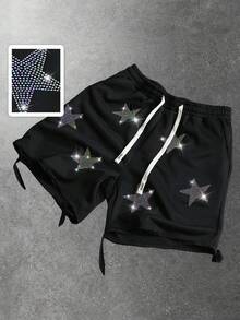 ROMWE MEN Men's Distressed Star Studded Casual Shorts, Street Style - Black - View 3