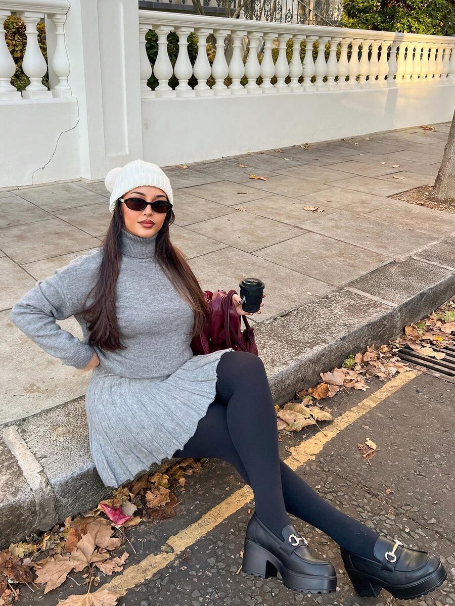 NegzBox 2pcs/Set Solid Color Loose Pleated Skirt And Turtleneck Sweater Suit Fall Winter Cloth For Women