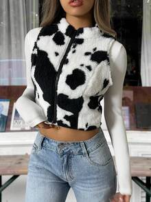 SHEIN EZwear Women's Cow Print Cropped Zip-Up Lightweight Fleece Jacket In Fall/Winter - Black and White - View 3
