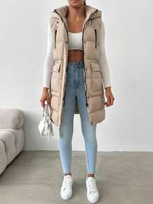 Women's Fashionable Versatile Solid Color Hooded Sleeveless Jacket, Winter - Beige - View 4