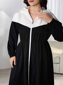 Modelyn 2pcs/Set Plus Size Contrast Color Hooded Zip-Up Long Jacket And Drawstring Pants Fall - Black and White - View 7