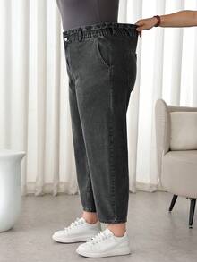 SHEIN CURVE+ 大码高腰弹力腰带休闲百搭牛仔裤，黑色，适合冬季、春季、圣诞节、新年、感恩节、通勤、度假、毕业典礼等各种场合，时尚百搭，Y2K风格，可爱街头风，适合派对、婚礼、优雅商务休闲等各种场合，舒适大码高弹黑色牛仔弹力腰阔腿牛仔裤，适合日常穿着，曲线友好型牛仔裤，黑色锥形牛仔裤，5XL码女式牛仔裤，曲线妈妈牛仔裤 - 黑色 - 查看 4