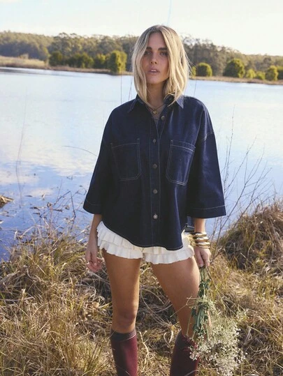 Aralina Summer Fall Winter Oversized Button Front Short Sleeve Dropped Shoulder Chest Pocket Denim Shacket Thanksgiving Valentine Christmas Festival Sexy Cosy