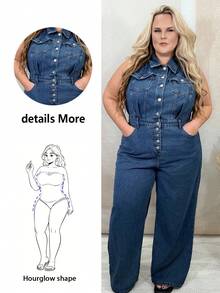 Hourglow Dollyholly86 Plus Size Casual Washed Sleeveless Wide Leg Denim Jumpsuit, For Hourglass Body Shape - Blue - View 6