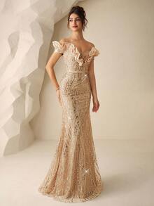 Coutiva 秋冬奢华珠饰亮片露肩露背缎面单肩鱼尾晚礼服，适合婚礼宾客、毕业典礼、生日派对、音乐节、婚礼等场合。 - 香檳色 - 查看 5