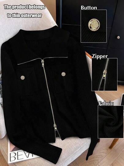 GlowEve CURVE 加大码优雅夹克，带口袋，拉链开合，长袖提花外套