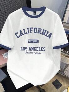 Manfinity Joysei Men's Navy Blue & White Contrast Letter Print Short Sleeve T-Shirt - White - View 1