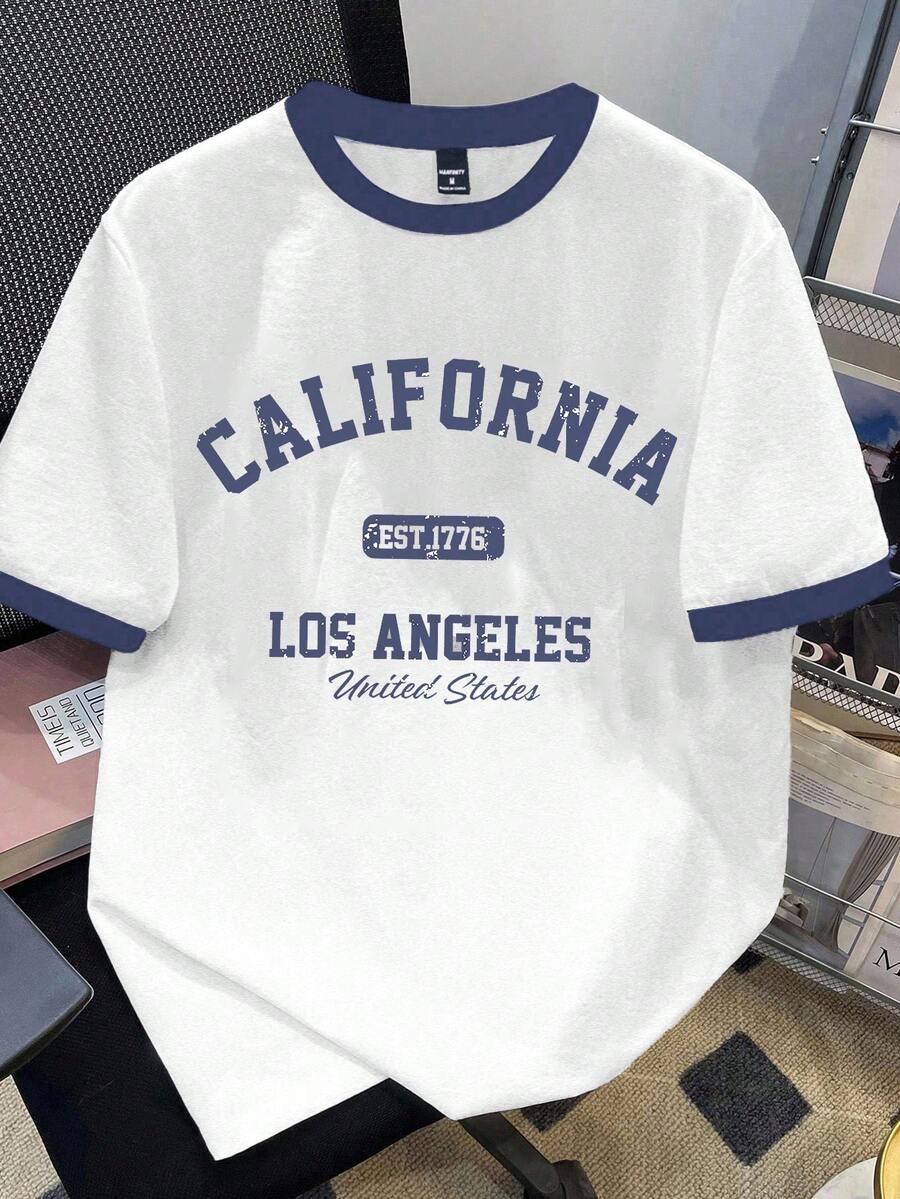 Manfinity Joysei Men's Navy Blue & White Contrast Letter Print Short Sleeve T-Shirt - White - View 1