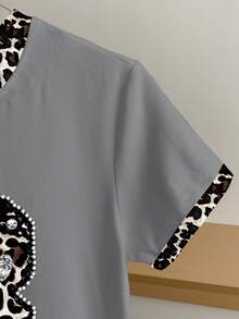 Resyla Women's Round Neck Rhinestone Leopard Print Digit Pattern Casual Versatile Vacation Short Sleeve T-Shirt - Grey - View 4