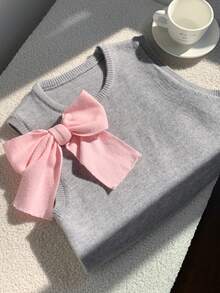 Comfortcana 粉色3D蝴蝶结灰色圆领宽松直筒可爱情人节女士毛衣背心 - 彩色 - 查看 5