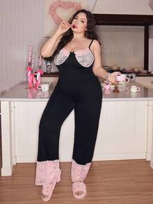 SweetSlumber Plus Size Women Y2K Lace Patchwork Bow Decor Sleepwear Set, Romantic - Black - View 6