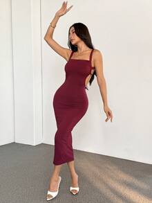 SHEIN PETITE Women Solid Color Backless Spaghetti Strap Dress,For Spring/Summer Vacation Beach Sexy Long Dress Open Back Dresses,Valentine's Day ,Petite Women - Burgundy - View 6