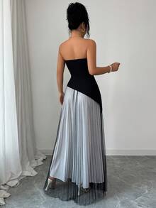 SHEIN Elenzya 不对称腰身珍珠装饰拼接优雅浪漫精致女士派对礼服，适合各种活动和节日 - 黑色 - 查看 2