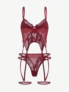 SHEIN Women's Floral Lace Patchwork Sexy Lingerie Set - Burgundy - View 2