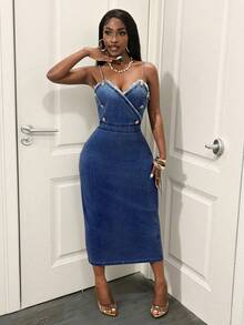 Slaydiva 女士修身吊带牛仔连衣裙，侧开衩 - 藍色 - 查看 4