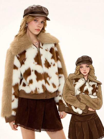 Hippie Vintage Milk Texture Cute Sweet Heart Version Faux Fur Jacket