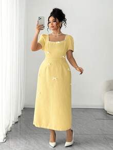 Elenzga 大码女式夏季法式复古时尚优雅蝴蝶结领铆钉短袖修身黄色粗花呢连衣裙 - 淡黃色 - 查看 8