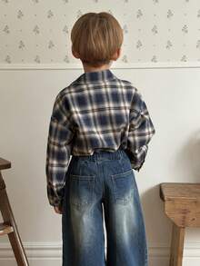 DAZY 男童格子落肩长袖单排扣休闲口袋衬衫 - 棕色 - 查看 7